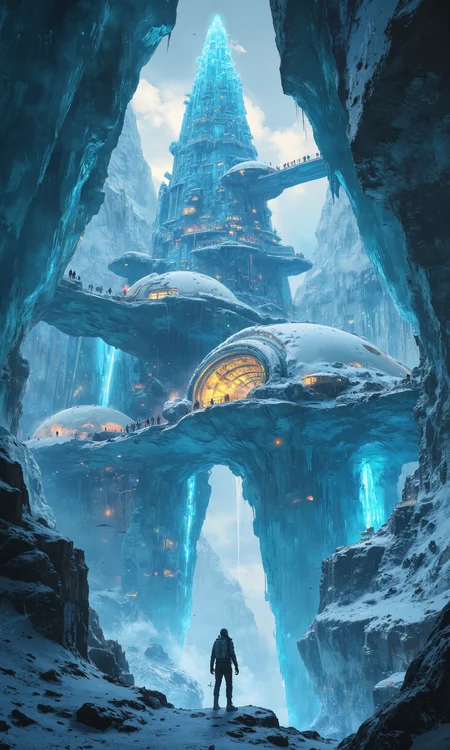 Colossal glacier-integrated eco-citadel, harmoniously carved into ancient ice formations. Translucent crystal spires and biodomes reflect auroral light. Thermal energy harvesting systems pulse with blue bioluminescence. Suspended sky-bridges link floating research platforms. Minuscule scientists traverse ice tunnels and scaled walkways. Subterranean hydroponic gardens glow warmly beneath frosted surfaces. Wind turbines harness polar gusts, their blades barely visible against snow-capped peaks. Photovoltaic snowflakes blanket curved rooftops. Microscopic robotic ice sculptors maintain intricate facade details. Mammoth ice caverns house sustainable communities. Ethereal mist swirls around base, blurring boundaries between structure and landscape. 8K resolution, hyper-realistic textures, volumetric lighting enhances translucency and refraction. <lora:Luminous_Shadowscape-000016:0.4> <lora:aidmaMJ6.1-FLUX-v0.4:0.8> <lora:flux_dev:1>