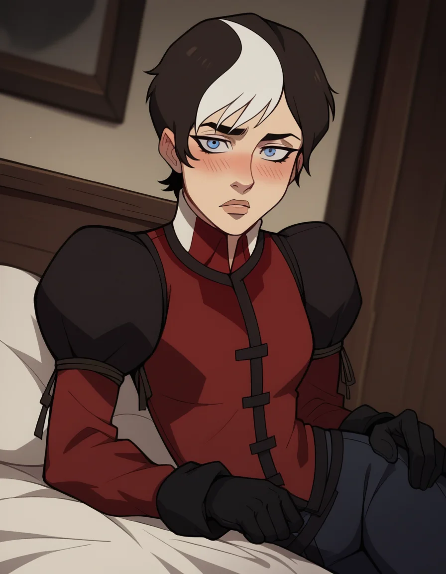 score_9, score_8_up, score_7_up, source_anime, <lora:cassandra-de-rolo-ponyxl-lora-nochekaiser_r1:1>, cassandra de rolo, short hair, blue eyes, black hair, white hair, multicolored hair, two-tone hair,, gloves, black gloves, pants, puffy sleeves, long sleeves, shirt, red shirt, high collar,, indoors, bed, bed room, on side, blush, drunk, looking at viewer, solo,, cowboy shot, dutch angle