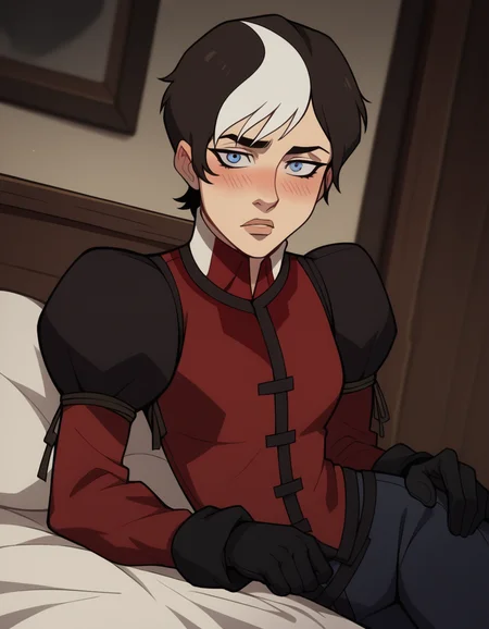 score_9, score_8_up, score_7_up, source_anime, <lora:cassandra-de-rolo-ponyxl-lora-nochekaiser_r1:1>, cassandra de rolo, short hair, blue eyes, black hair, white hair, multicolored hair, two-tone hair,, gloves, black gloves, pants, puffy sleeves, long sleeves, shirt, red shirt, high collar,, indoors, bed, bed room, on side, blush, drunk, looking at viewer, solo,, cowboy shot, dutch angle
