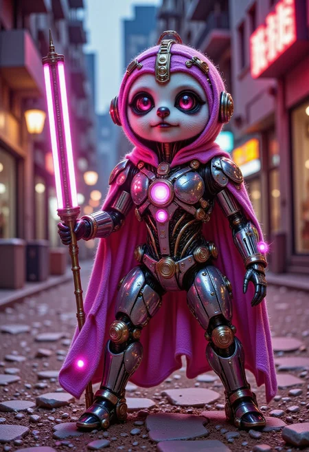 pinkmechalux, a cute cyborg, sloth wizard, with metallic NEON led crown, wearing a magic cape and holding a super weapon mystic staff
aidmaHiDreamStyle , aidmaHyperrealism