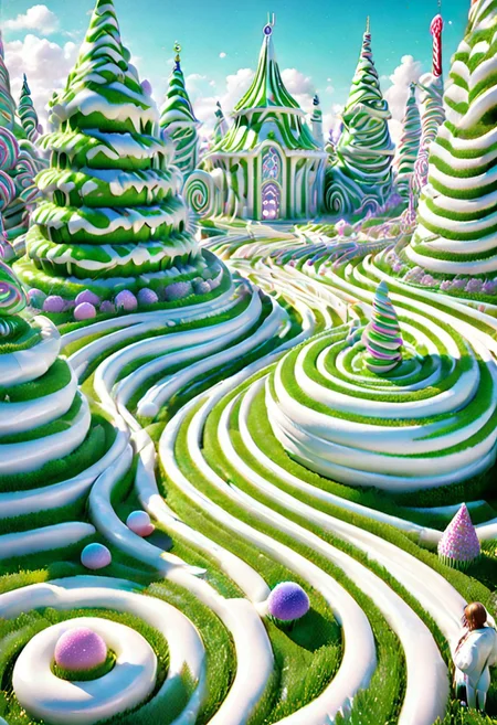 castle , A traveler contemplates a gigantic labyrinth made up of dozens of white, grass, medical towers. Candy labyrinth