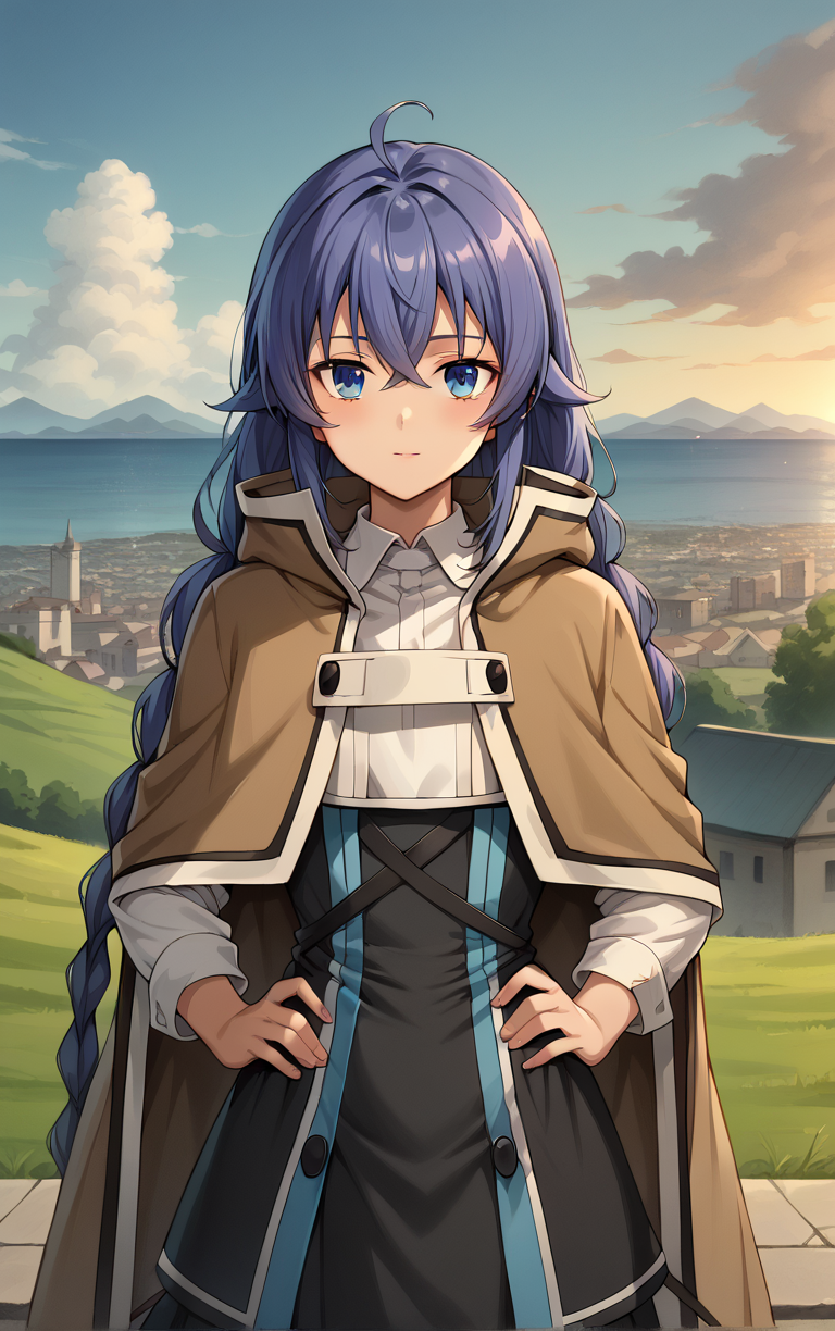 score_9, score_8_up, score_7_up, BREAK
Capelet_RoxyMigurdia_ownwaifu, 
1girl, blue eyes, blue hair, brown capelet, capelet, roxy migurdia, white dress, long hair, hair between eyes, braid, twin braids, brown cape, crossed bangs, long sleeves, bangs, black skirt, white shirt, dress, collared shirt, shirt, cloak,
(contrapposto, hand on hip), sunset, sidelighting, cityscape, vanishing point, outdoors, <lora:PONYXL_MushokuTensei_RoxyMigurdia_ownwaifu:1> , depth of field, solo,