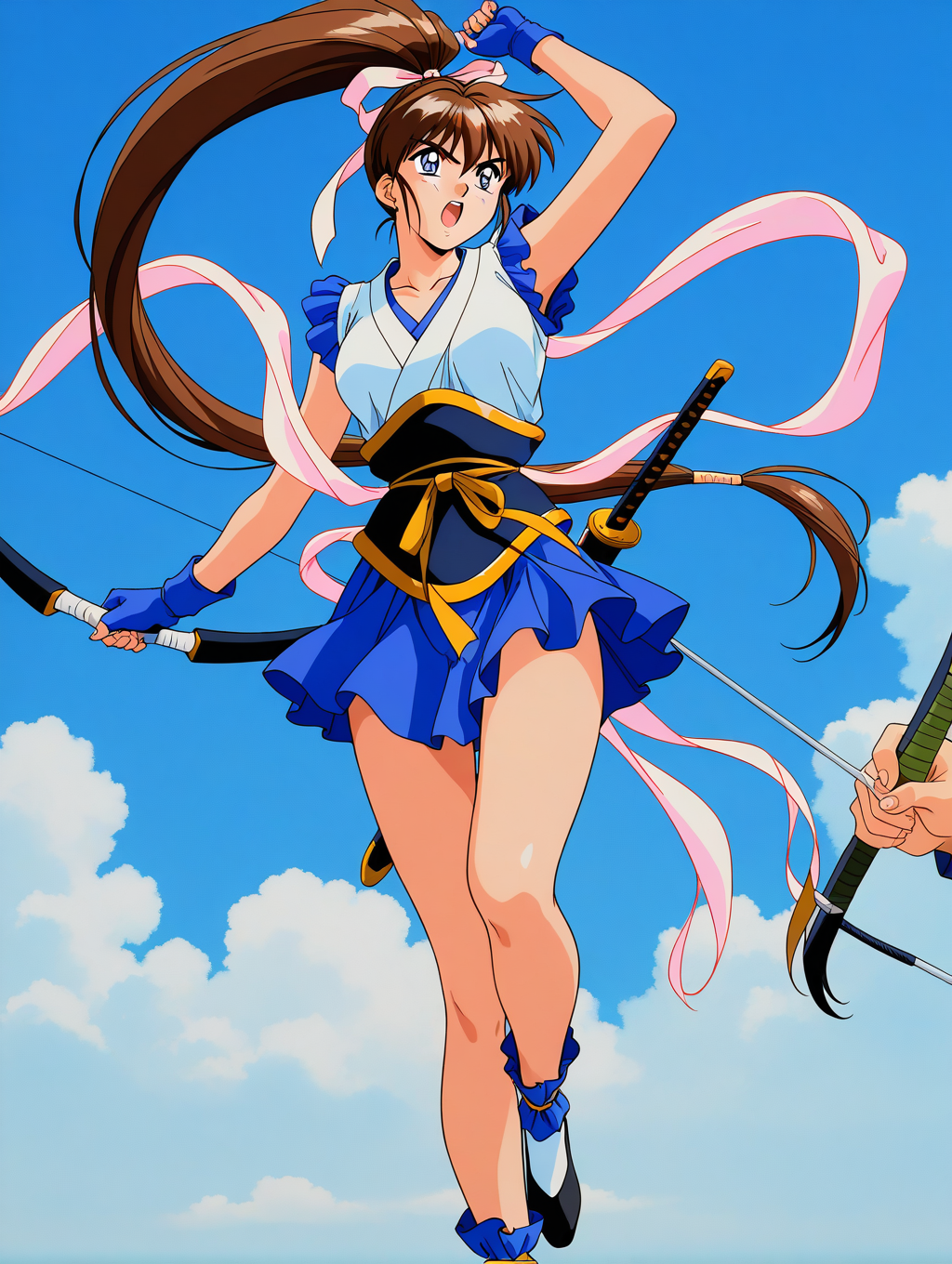 general,highres, ultra-detailed,very aesthetic,best quality ,best hands,  BREAK <lora:Amatsu_Ai_IS:1>Amatsu_Ai, brown hair, ponytail, very long hair, ribbon, hair ribbon, hair bow, breasts, blue eyes, bangs, purple eyes, high ponytail, 1990s \(style\),anime coloring, BREAK, hagoromo, blue gloves, fingerless gloves, full body, shoes, serious face, fighting pause, bow (weapon), sword,
sash, skirt, open mouth, japanese clothes, obi, head out of frame, thighs, sleeveless,  collarbone, arm up,  blue skirt,
sky, day,