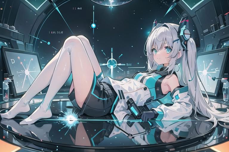 (masterpiece), (science fiction:1.4), 1girl, lying on the back on a mirror, lying on the back on a mirror, lying on the back on a mirror, smile, silver hair, aqua eyes, headgear, long sleeves, detached sleeves, glowing energy clothing, light particles, energy particles, perfect hands, perfect legs