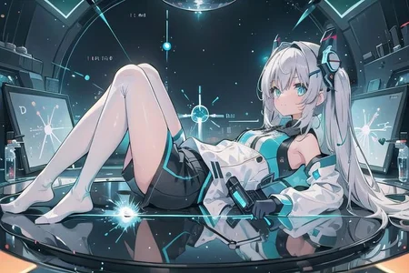 (masterpiece), (science fiction:1.4), 1girl, lying on the back on a mirror, lying on the back on a mirror, lying on the back on a mirror, smile, silver hair, aqua eyes, headgear, long sleeves, detached sleeves, glowing energy clothing, light particles, energy particles, perfect hands, perfect legs