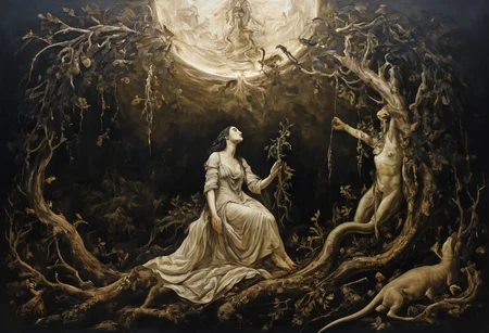 A tragic baroque oil painting showing French explorers in agony in a mangrove swamp at night, under the light of a bright star, surrounded by an indigenous dragon.
otherworldly astral dark queen,bold lines, hyper detailed, (intricate details, masterpiece, best quality:1.2), black and ivory hue, looking at viewer, dynamic pose, back view, in the style of nicola samori <lora:add-detail-xl:1> <lora:xl_more_art-full_v1:0.7> <lora:sdxl/nicola_samori_dark_art_style:0.5> <lora:looking_at_viewer:1.2>