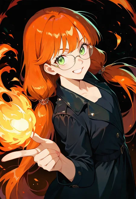 masterpiece, intricate details, best quality, very aesthetic, absurdres, very awa, 2000x anime art style, green eyes, glasses, dark orange hair, hair hanging on the cheeks, bangs, low tied-up twintails, black dress, coat, fire sparkles, from side, from above, grin, pointing on viewer