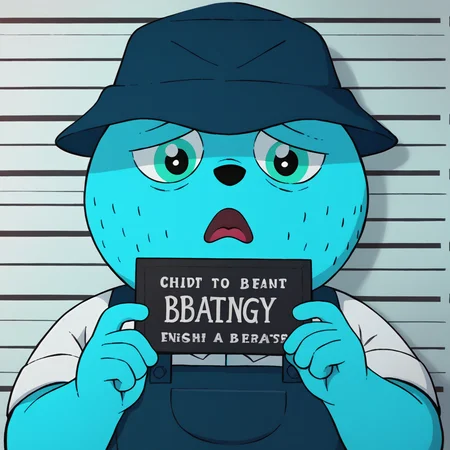 score_9, score_8_up, <lora:celestin-v5-14:1> uwcelestinfag, blue bear, 1boy, solo, blue overalls, white shirt, green hat, <lora:Concept_Meme_Barbie_Mugshot:0.3> Barbie mugshot, holding, nameplate, holding sign, letterboxed, looking at viewer, mugshot, open mouth, upper body, english text