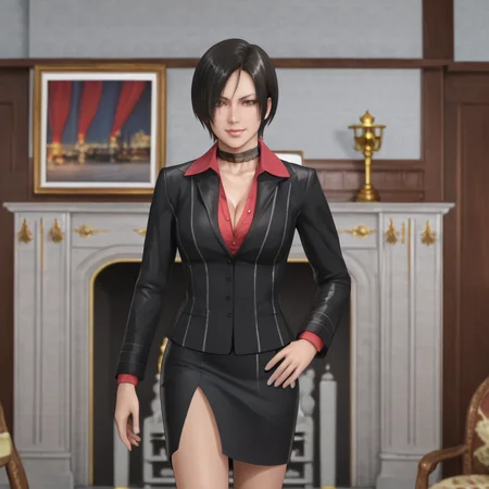 <lora:adawongmovie_pony_v1:1> AdaResidentEvilMovie, 1girl, short hair, choker, black hair, pencil skirt, brown eyes, collar, breasts, hair over one eye, formal, cleavage, suit, cowboy shot