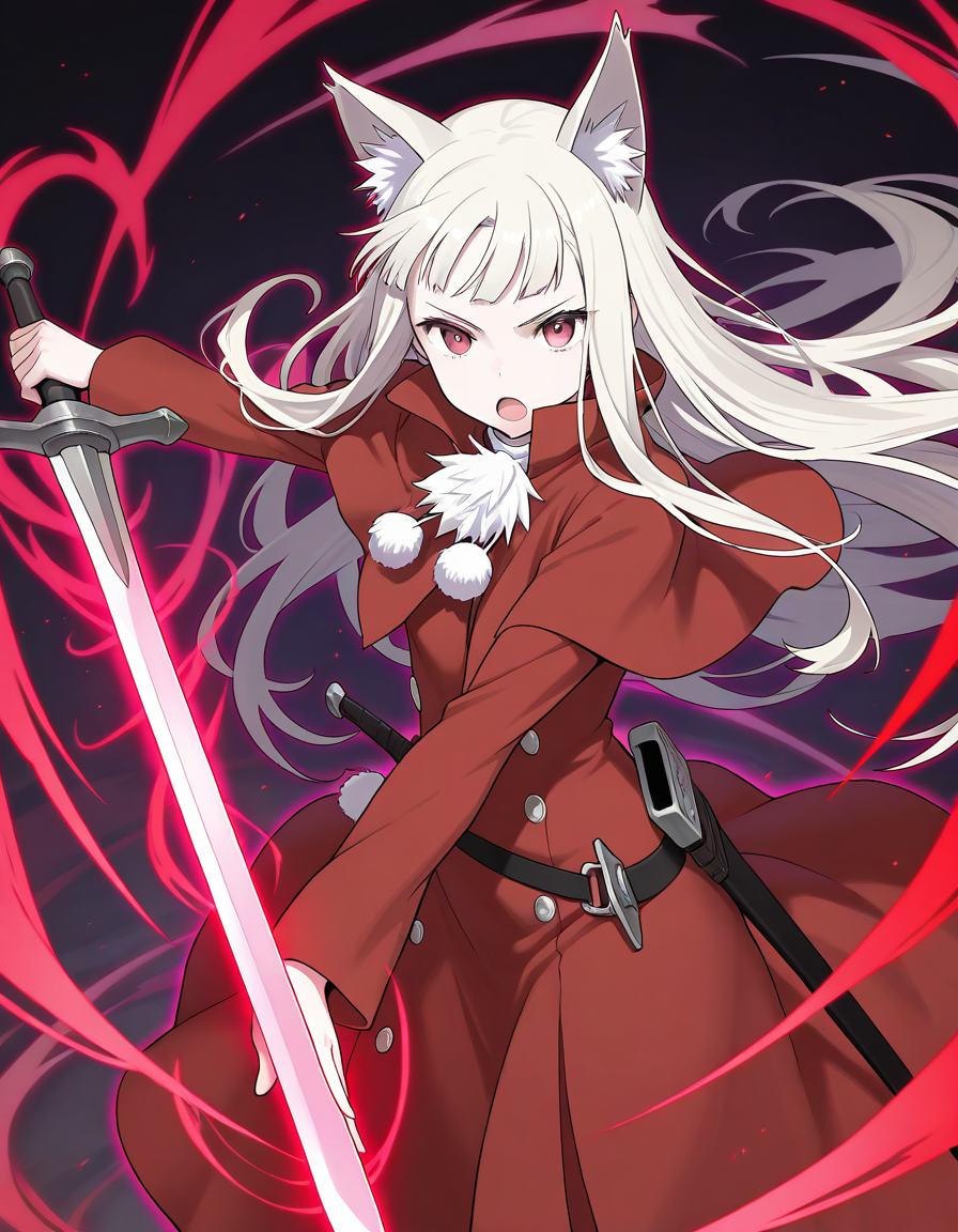 masterpiece, best quality, good quality,  <lora:Belfraw_Martini_IS:0.8> no hat,
Belfraw_Martini, 1girl, solo, white hair, open mouth, animal ears, red dress, pom pom (clothes),
looking at viewer, weapon, long sleeves, sword, red eyes, sword, hold,
aura, magic effect,