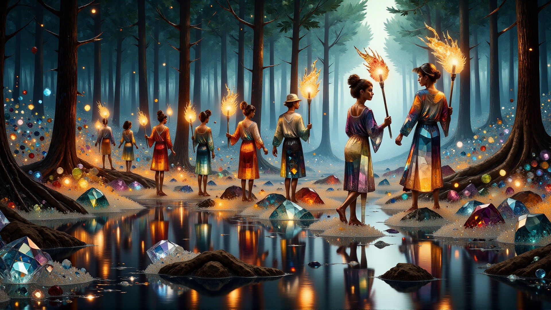 The basic cs-cr1stal scene is a distant line of people carrying flaming torches walk across mudflats, long shadows. The picture combines Decadent Movement fresh elements with a modern interpretation characterized by elegant lines, a forest color palette, and intricate recursive details. The background skilfully blends shapes into a Surrealist backdrop. <lora:midjourney_whisper_chromaplex_v1:0.8> <lora:Crystality Flux_v1:0.8>
