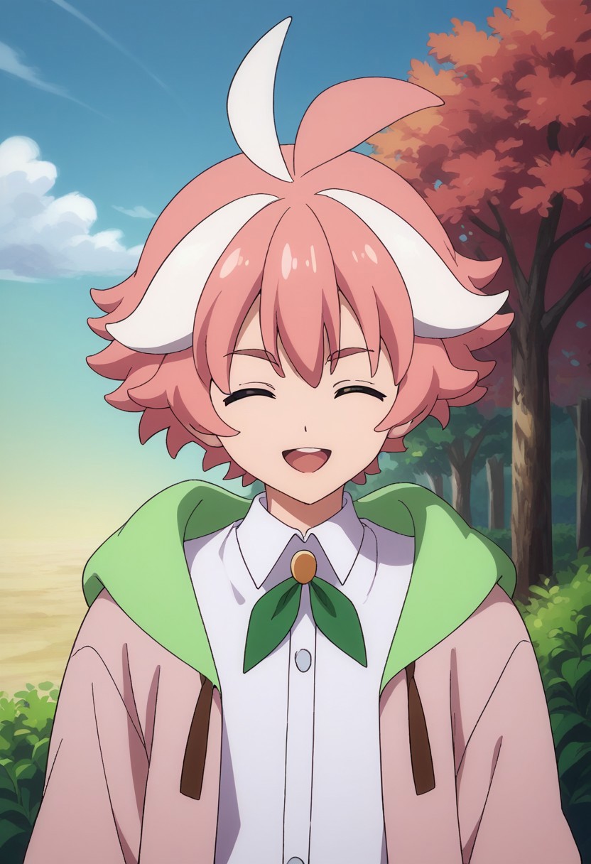 score_9, score_8_up, score_7_up, source_anime, highly detailed, 
itsuki, 1boy, male focus, solo, closed eyes, open mouth, pink hair, multicolored hair, shirt, pants, hood, white hair, jacket, white shirt, ahoge, streaked hair, collared shirt, two-tone hair, long sleeves, black pants, pink jacket, ribbon, neck ribbon, green ribbon, smile,
outdoor, sky, sit, trees, upper body,