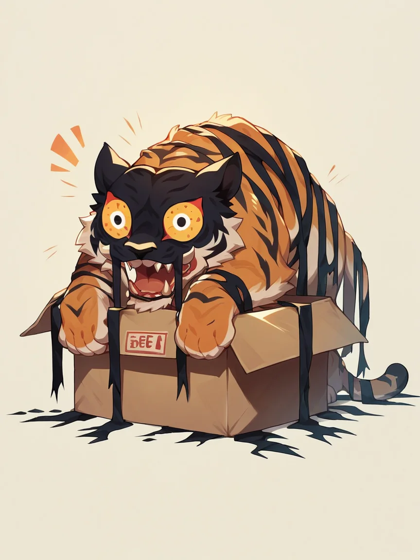 score_9, score_8_up, score_7_up, score_6_up, score_5_up, <lora:dreamtigerXLP:1> dream tiger, no humans, solo, teeth, cute, box