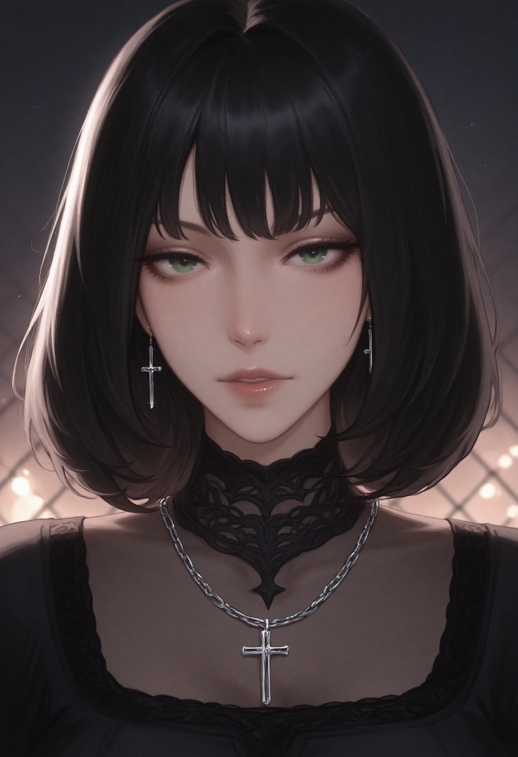 mature woman, 1girl, jewelry, solo, chain-link fence, earrings, looking at viewer, fence, black hair, bangs, medium hair, blunt bangs, portrait, gothic, cross, full parted lips, closed mouth, cross earrings, chain, green hazel eyes, piercings, necklace, partially illuminated, subsurface scattering, light particles, cutscene, depth of field, blurry background, masterpiece, best_quality, amazing_quality, ultra-detailed, high_quality, very_aesthetic, highres, incredibly_absurdres, newest, latest, btybr2, <lora:48489dbb-0d32-41b3-8de7-737dabbde3ed:0.9>