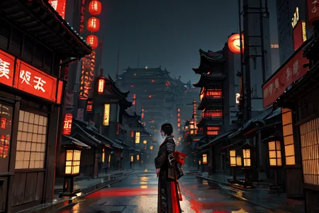 highly insanely detailed, masterpiece, top quality, best quality, highres, 4k, 8k, RAW photo, (very aesthetic, beautiful and aesthetic), ancient japanese cyberpunk, ancient chinese cyberpunk,
1girl, solo,
ancient japanese buildings,dark background,
<lora:two_side_up-1.0:0>âââ