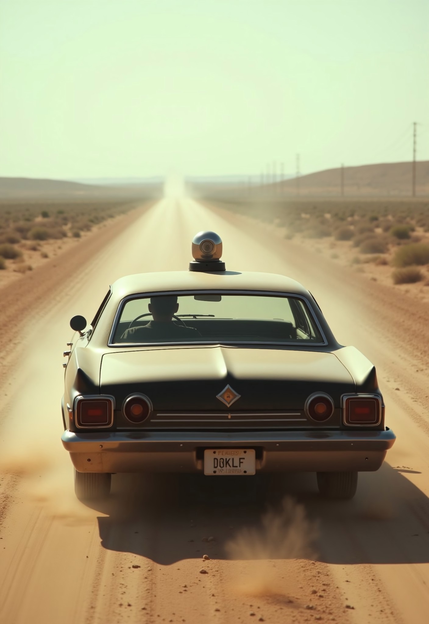 aidmaimageupgrader, a high quality digital image of the back of an intricate 1970s American black police car travelling away from the camera on a long straight rural road through the middle of a dustbowl, the police car is very dusty and has a single light dome on top, the image has muted colours and is very hazy from the dust, the text "KLF" is written in small letter on the license plate, we see the head of a man in the driver's seat
