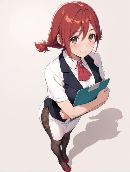 masterpiece,best quality,newest,
1girl,solo,
<lora:t_hibari_ilxl_v1.0:1>,t_h,short twintails,red hair,brown eyes,h_clothes,red ascot,white long pencil skirt,black_pantyhose,red mary_janes,
<lora:Fixhands_anime_bdsqlsz_V1:1>,white_background,simple_background,looking_at_viewer,standing,holding clipboard,full body,smile,