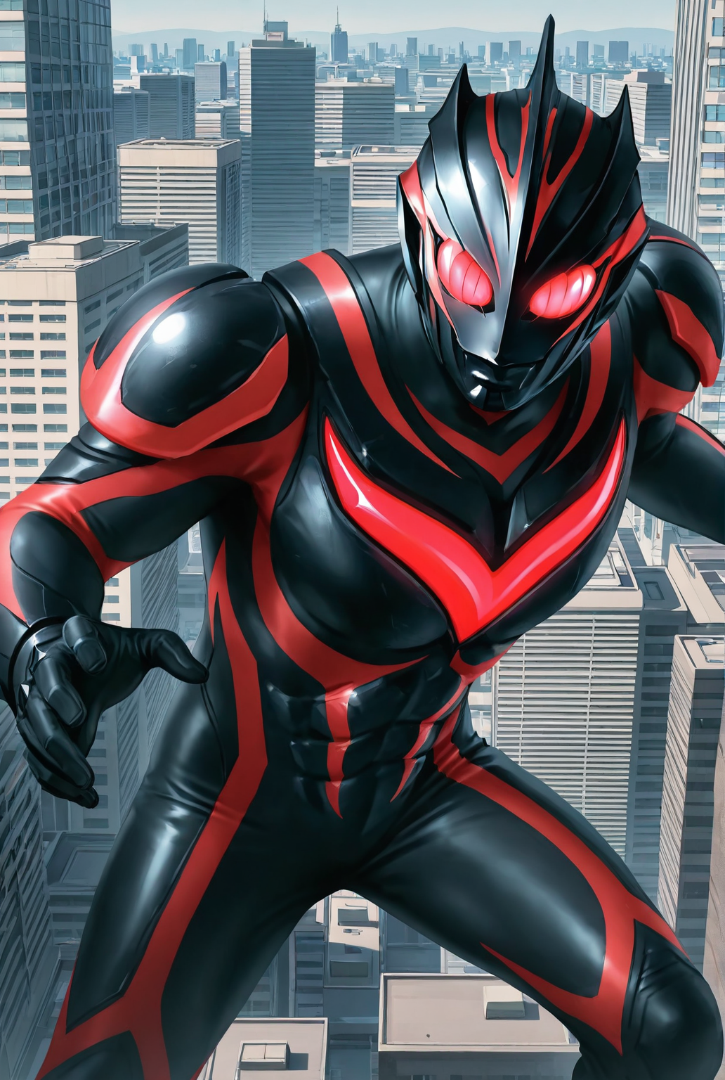 score_9,score_8_up,score_7_up,best quality,ultra-detailed,high resolution,digital painting,8k,1boy,solo,cowboy shot,male focus,detailed face,black bodysuit,tokusatsu,red eyes,glowing eyes,helmet,fighting stance,cityscape,giant,looking at viewer,<lora:add-detail-xl:1>,<lora:Ultraman Dark Zagi:0.7>,zhaji,