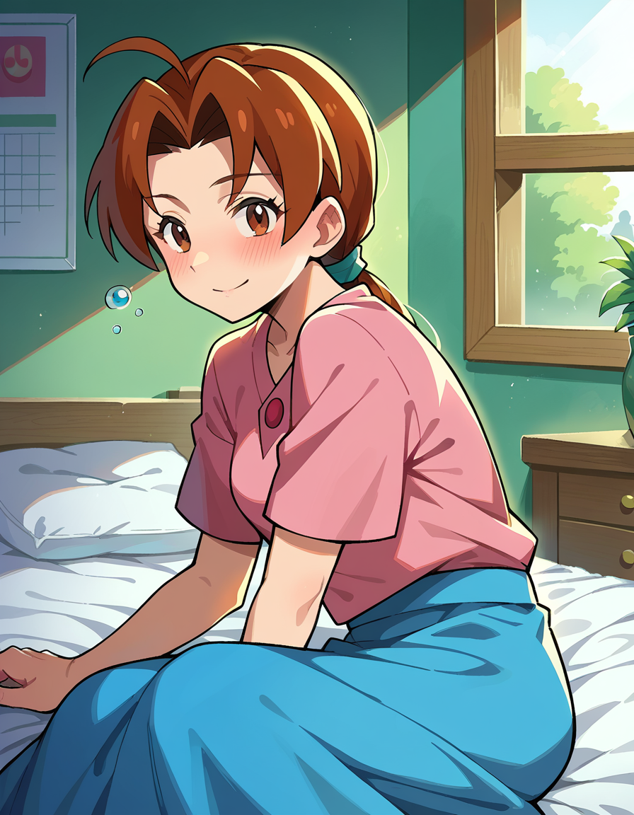 score_9, score_8_up, score_7_up, source_anime,
deliaketchum, <lora:delia-ketchum-ponyxl-lora-nochekaiser:1>
deliaketchum, brown hair, brown eyes, parted bangs, ahoge, ponytail, low ponytail,
shirt, pink shirt, short sleeves, skirt, blue skirt, long skirt,
indoors, bed, bed room, on side, blush, drunk,
looking at viewer, cowboy shot, dutch angle,