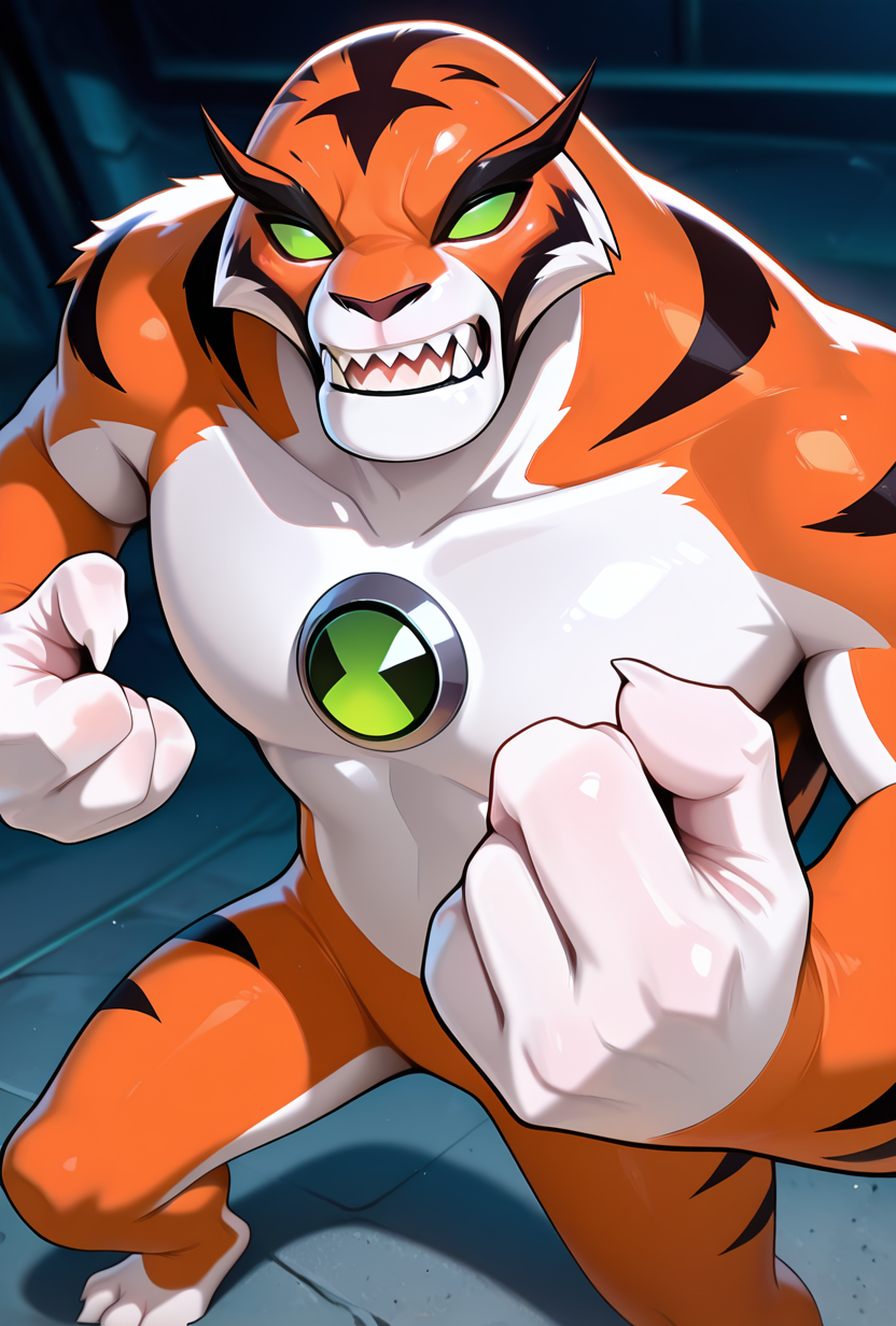 <lora:rath-10:1> rath, furry, 1boy, green eyes, green sclera, solo, no humans, tiger strips , fangs, orange fur, sharp teeth, big arms,   no pupils, big body, black eyebrows,  <lora:DC_v1_NAI-XL:1> domain clash,, masterpiece, best quality, amazing quality, very aesthetic, absurdres, newest,