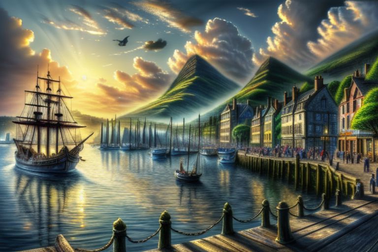 (masterpiece:1.2), (best quality,:1.2), 8k, HDR, ultra detailed, ((photorealistic)), perfect anatomy, pire, ship, pier, over looking a harbor, noon, CelticLandStyle