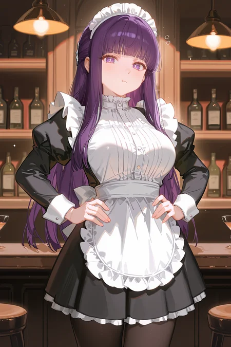 1girl, fern \(sousou no frieren\), solo, large breasts, maid, maid headdress, maid apron, pout, pantyhose, hands on hips, looking at viewer, cowboy shot, bar \(place\), indoors, depth of field <lora:Char-Fern-IL-V1:0.8:hr=0.6>, ciloranko, alphonse \(white datura\), ask \(askzy\), gomzi, you shimizu
masterpiece, best quality, amazing quality, very aesthetic, absurdres, newest, (scenery, volumetric lighting), ray tracing, (bloom:1.4), cinematic