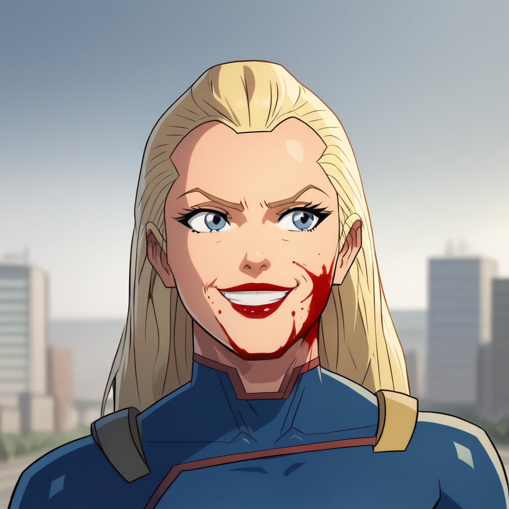 score_8_up, BREAK, Femlander, 1girl, long hair, blue eyes, blonde hair, lipstick, muscular, superhero, bodysuit, upper body, light smile, outdoors, depth of field, <lora:FeHomelander_Diabolical_PXL_Leaf2:1>, blood on face,