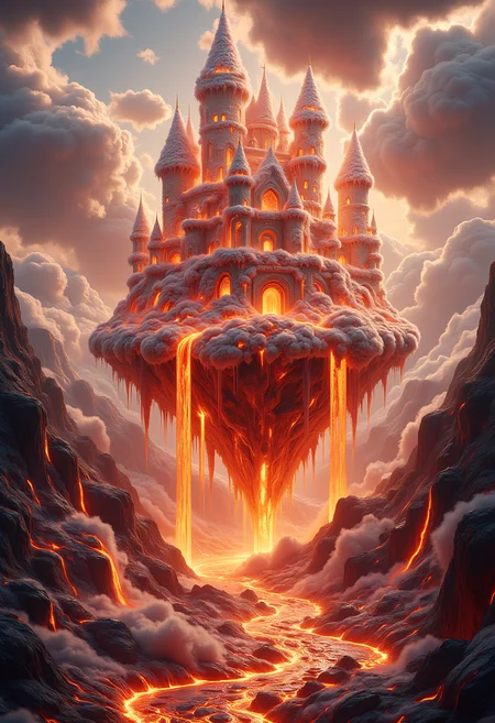 The Fluffy Lava Castle
Floating in a sky ablaze with golden light, a majestic castle crafted from soft, fluffy clouds sits atop a floating island surrounded by rivers of molten lava. The castle walls radiate a surreal glow, their textures resembling cotton candy, yet shimmering with fiery veins of lava that pulse like a heartbeat. Below, molten rivers cascade into the void, forming a glowing net of light against the dark abyss. ral-fluff, ral-lva, aidmaMJ6.1