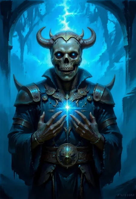 Dark-Fantasy-Cardd-V.2.0 style dark fantasy oil painting with detailed eyes that features A spectral and eerie figure dominates the image, shrouded in an ethereal aura of icy blues and luminous light. This skeletal sorcerer exudes an otherworldly presence, its form wrapped in tattered robes that ripple and dissolve into mist as though consumed by an eternal frost. The armor beneath the decayed fabric glimmers with a metallic sheen, its surface adorned with intricate patterns of arcane design. The centerpiece is a glowing amulet embedded in the chest, radiating a cold, bluish energy that pulses outward, casting shifting light across the surrounding haze. The skull of the figure is crowned with a jagged, ceremonial headpiece that appears ancient, its sharp edges illuminated by a spectral glow. The empty eye sockets blaze with an intense, piercing light, as if harboring the icy flames of undeath. Strands of energy coil around its bony hands, hinting at the destructive magic it commands. Each bone is finely detailed, with cracks and engravings suggesting the weight of time and dark enchantments. The background is a swirling abyss of frosty winds and glowing particles, rendered in deep, celestial blues that evoke a void-like expanse.