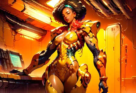 (masterpiece), (best Quality), score_9, score_8_up, score_7_up, score_6_up, score_5_up, score_4_up, 1girl, solo, afro puffs, dark skinned female, bio armor, living armor, exoskeleton, indoors, biological chamber, Style-Volumetric, 2.5 style, boring_sdxl_v1, Expressiveh, ,
