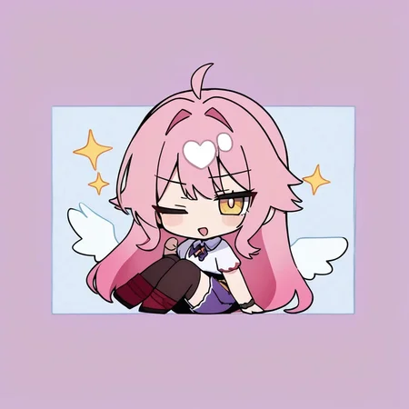 1girl, 
rabbit hole, yumenouchi chiharu, 
sakura
masterpiece, shirt, white wings, shorts, short sleeves, skirt, heart, hair intakes, looking at viewer, short hair, sparkle, boots, pink hair, one eye closed, red footwear, white shirt, ahoge, bubble, smile, purple shorts, wings, yellow eyes, blue skirt, thigh boots, angel wings, solo, open mouth, chibi, blush, collared shirt, 
newest, absurdres, safe
 <lora:rabbit_hole:1>