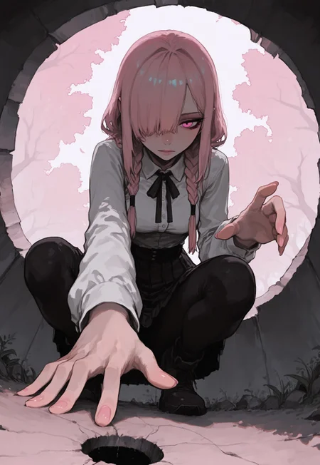 score_9, score_8_up, score_7_up, masterpiece, best quality, very aesthetic, 1girl, incoth, (incase:0.6), detailed face, (dynamic:1), r17329_illu, perspective, light pink hair, braids, long hair, hair over one eye, pink eyes, white shirt, oversized, friendly, serene, hopeful, helping up, squatting, reaching out hand, pov, standing on edge, from below, hole, holding female hand, pulling inside,