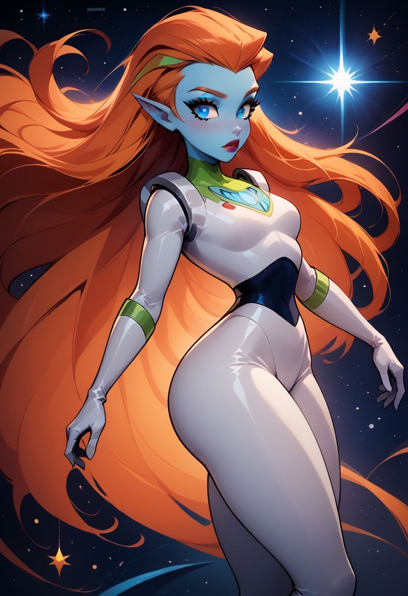 score_9, score_8_up, score_8, medium breasts, (curvy), cute, eyelashes,  rating_safe,
BREAK, 
zzMira, blue eyes, blue skin, orange hair, pointy ears, white spacesuit, looking at viewer, thighhighs, gloves, thighs, lips, spacesuit, makeup, thick thighs, lipstick, skin tight, white spacesuit, high quality
BREAK, 
dynamic angle, stars, floating, colorful, from side, on back, spaceship, technological,
zPDXL,