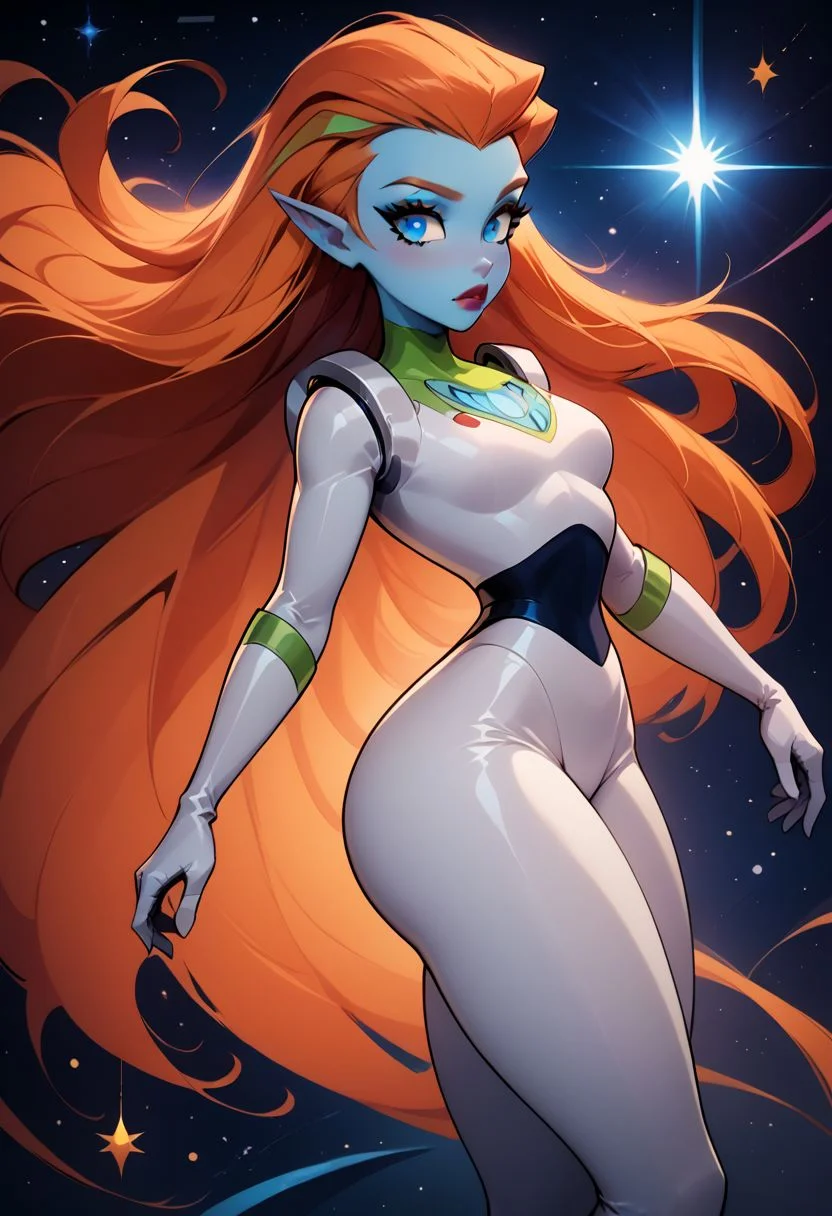 score_9, score_8_up, score_8, medium breasts, (curvy), cute, eyelashes, rating_safe,
BREAK,
zzMira, blue eyes, blue skin, orange hair, pointy ears, white spacesuit, looking at viewer, thighhighs, gloves, thighs, lips, spacesuit, makeup, thick thighs, lipstick, skin tight, white spacesuit, high quality
BREAK,
dynamic angle, stars, floating, colorful, from side, on back, spaceship, technological,
zPDXL,