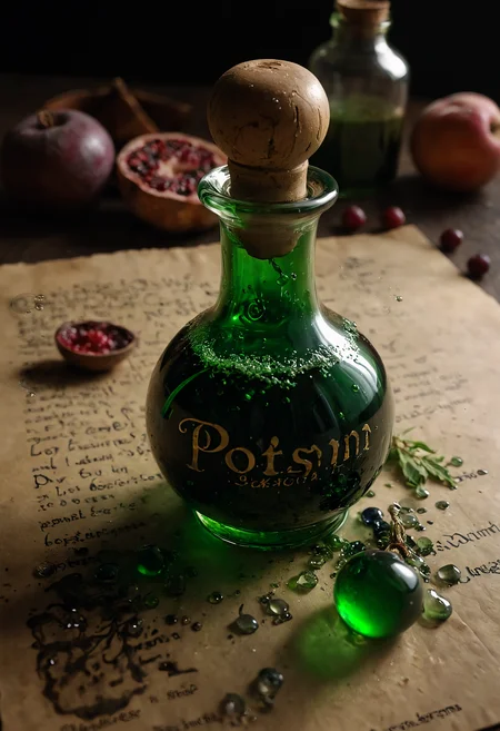 __Camera Views/cameraView/tilt-shift shot__
__200+ (NSFW and SFW)/background/gothic__
An illustrated medieval terrifying recipe of a "Poison of the Abyss" made with ingredients including: (Nightshade berries, Arsenic crystals, Viper poison). The potion shimmers with a sickly, (((acid green))) luminescence <lora:aidmaLightPainting-v0.1:0.5> Light Painting, ((bubbling ominously)) within a worn glass vial. The text is Old English and Bonaventura Berlinghieri, scrawled in an ancient, [demonic:0.8] script on (((parchment page))), is barely discernible. Intricate details, dark fantasy, [muted:0.6] colors, high resolution, best quality, macabre, creative, ominous, danger, chilling, detailed, dramatic lighting. ((extreme close-up on the bubbling surface of the potion:1.2)), sharp focus, hyperrealistic, full of details, deep shadows, (green:1.1), (black:1.1)
__200+ (NSFW and SFW)/camera/Nikon D850 DSLR Camera__, (masterpiece, award winning artwork) many details, extreme detailed, full of details, Wide range of colors, high Dynamic <lora:add-detail-xl:1> <lora:WildcardX-XL-Detail-Enhancer:0.9> <lora:aidma-Image Upgrader-v0.1:1> <lora:SDXLFaeTastic2400:0.085> <lora:MJ52:0.185> <lora:sinfully_stylish_SDKL:0.11> <lora:casting shadow style v2:0.1> <lora:CinematicStyle_v1:0.42> casting shadow style, cucoloris patterned illumination