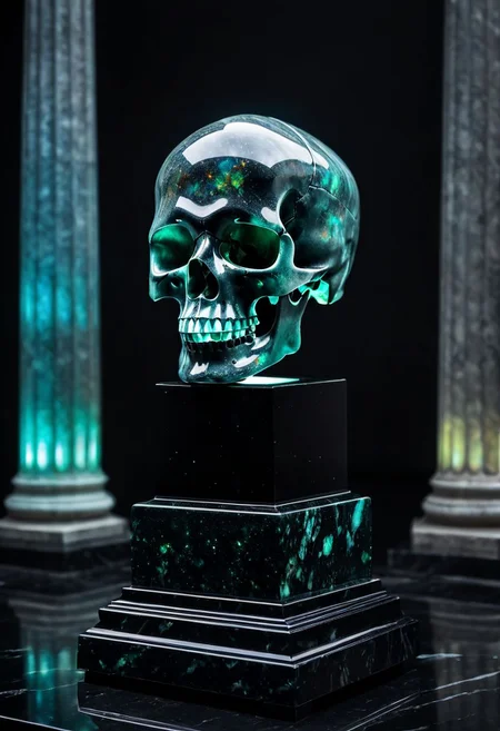 Fujifilm XT3, Sony A7 IV, (award winning photography) a black marble skull made of opal set on a pedestal in temple, glistening. in the background beautiful pillars, divine (iridescent: 0.79), opalescent textures, volumetric light, ethereal, sparkling, studio photo, highly detailed, sharp focus (highest quality: 1.39) (highest coherency: 1.39) (award winning photography), highly detailed photography, (muted colors, cinematic, dim colors, soothing tones:1.2), vibrant, insanely detailed, hyperdetailed, (dark shot:1.2), (vsco:0.3), (intricate details:0.9), (hdr, hyperdetailed:1.2) (vignette), sss