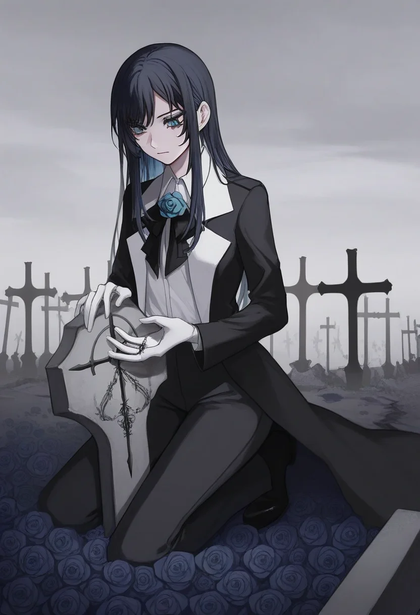 1girl, solo, chando, long hair, flower brooch, blue eyes, mole under eye, blue hair, multicolored hair, sidelocks, blue flower, blue rose, white shirt, collared shirt, black coat, black bowtie, black pants, black footwear,
kneeling in a graveyard, placing a hand on a gravestone, somber expression, mist covering the ground, dying flowers, black iron gates in distance, mid-range, overcast sky
, <lora:Character_Ado - Chando:0.8>