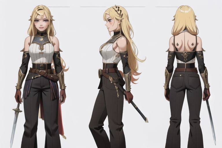 1woman, solo, armor, pauldrons, <lora:BarbarianT-18:0.8>, BarbarianT, muscular female, bare very muscular abs, ((masterpiece: 1.4, perfect face, best quality: 1.2)), saturated brown tones, ultra highly detailed, detailed eyes, delicate hair details, armor faulds, fantasy crop top, arm armor, armor greaves, short tippet, large breasts, sexy eyes, devilish grin, mixed blonde hair, very long spiky hair, many braids in long hair, intricate details, hazel eyes, eyeliner, eyelashes, crossed_bangs, warpaint, one bare muscular armor with viking design tattoo, wide striped puffy sleeves, multicolor sleeves, tribal design asymmetrical lion cloths, leather boots, wide striped baggy pants trousers, tassel belt accessories, barbarian woman, brown leather hip belt with pouch on right side of hip, sword on left side of hip belt, leather gloves with fur trim, nordic, fantasy aesthetic,(2d saturated colors), fine details, intense,(lineart:1.33), charactersheet, reference sheet, multiple views, white background