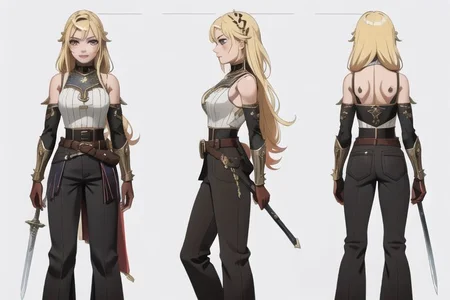 1woman, solo, armor, pauldrons, <lora:BarbarianT-18:0.8>, BarbarianT, muscular female, bare very muscular abs, ((masterpiece: 1.4, perfect face, best quality: 1.2)), saturated brown tones, ultra highly detailed, detailed eyes, delicate hair details, armor faulds, fantasy crop top, arm armor, armor greaves, short tippet, large breasts, sexy eyes, devilish grin, mixed blonde hair, very long spiky hair, many braids in long hair, intricate details, hazel eyes, eyeliner, eyelashes, crossed_bangs, warpaint, one bare muscular armor with viking design tattoo, wide striped puffy sleeves, multicolor sleeves, tribal design asymmetrical lion cloths, leather boots, wide striped baggy pants trousers, tassel belt accessories, barbarian woman, brown leather hip belt with pouch on right side of hip, sword on left side of hip belt, leather gloves with fur trim, nordic, fantasy aesthetic,(2d saturated colors), fine details, intense,(lineart:1.33), charactersheet, reference sheet, multiple views, white background