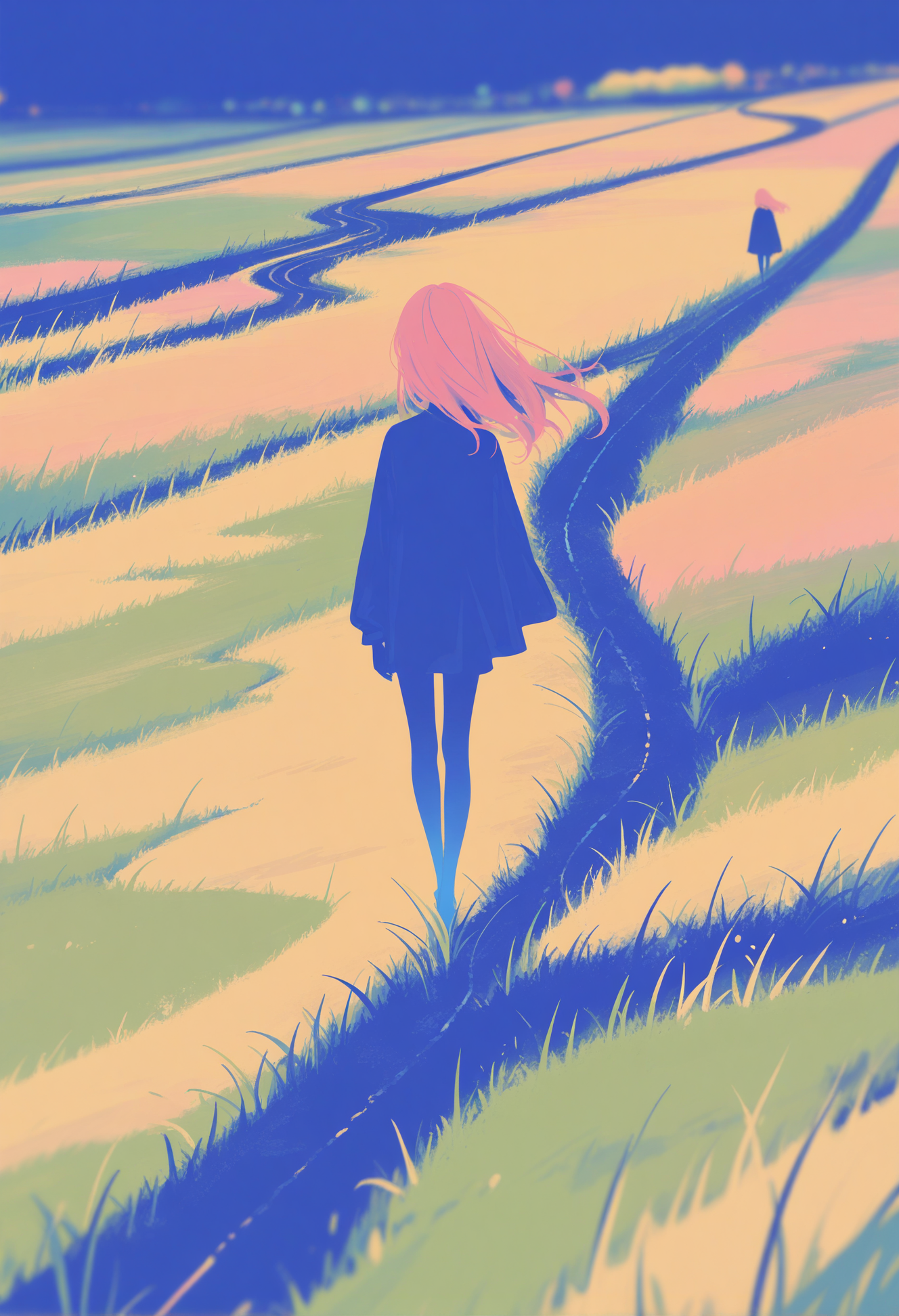 masterpiece, best quality, newest, highres, absurdres,focused subject,no lineart, no outline, detailed, 1girl, long hair, pink hair, grass, walking, blue skin, road, field, colorful, surreal, path, monochrome, negative space,blending), minimalism,three quarter view,depth of field,scenery