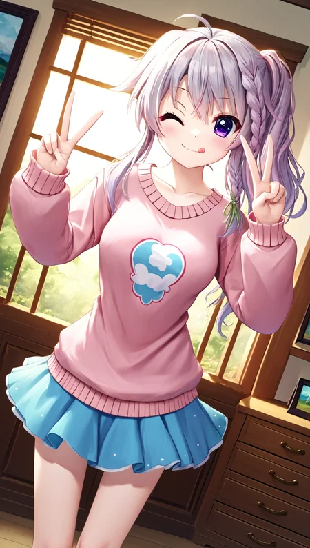 zPDXL2, rating_questionable, source_anime, 4k quality, detailed background, detailed eyes, bedroom, indoors, standing, dutch angle, smile, tongue out, wink, v sign, pink sweater, blue skirt, <lora:niimi-sora-xl-07:1>, niimi sora, ahoge, medium breasts,