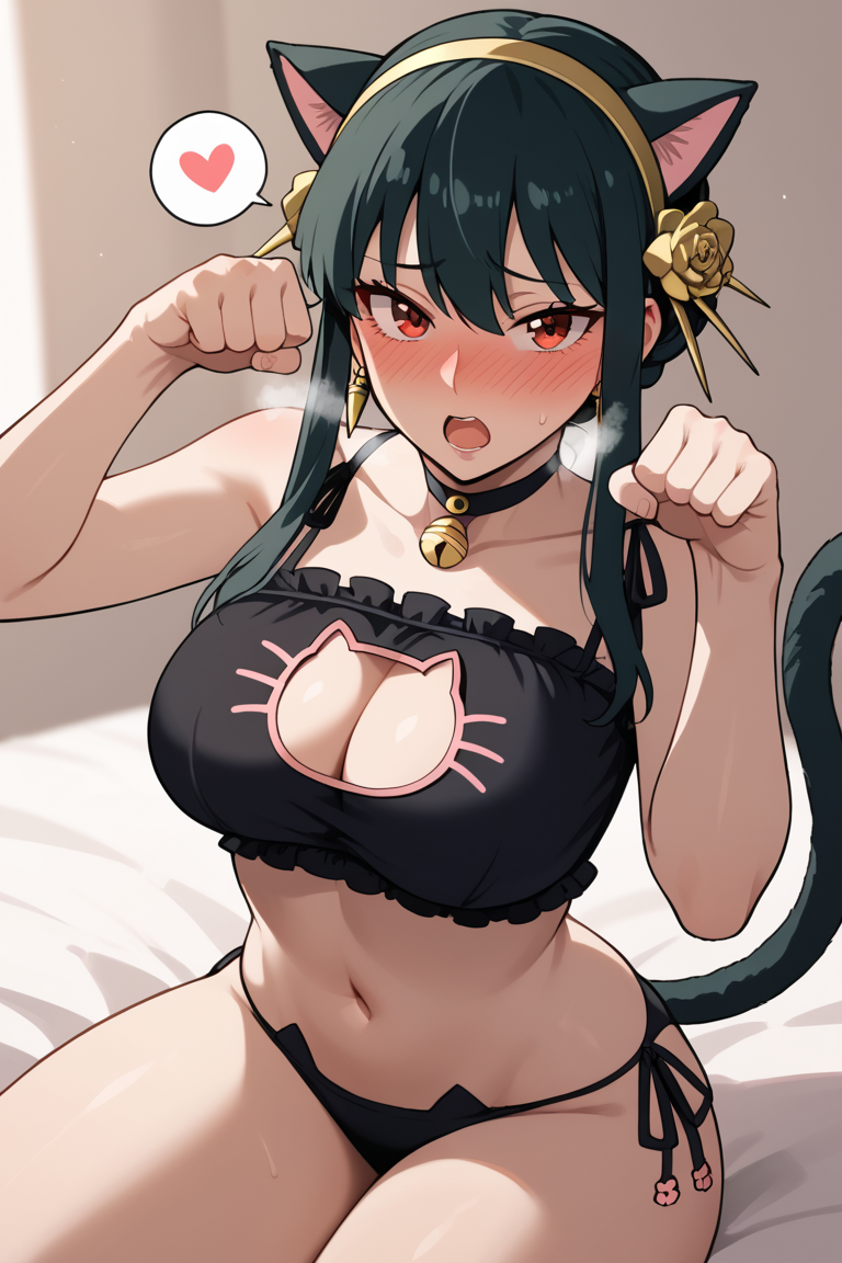 score_9,score_8_up,score_7_up,score_6_up,
source anime,masterpiece,best quality,ultra detailed eyes,BREAK,
yor briar,big breasts,spoken heart,horn,solo,bottomwear,bra,(cat lingerie),cleavage cutout,paw pose,keyhole bra,keyhole clothing,keyhole underwear,lingerie,looking at viewer,narrowed eyes,navel,open mouth,shy,solo,thick thighs,underwear,red eyes,sitting,bed,simple background,heavy breathing,steam, cat tail, shy, full-face blush,