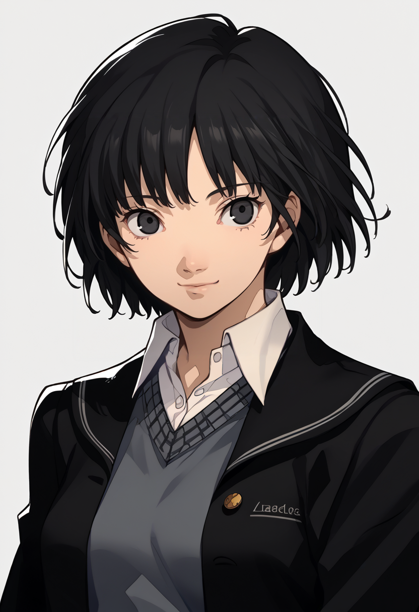 score_9, score_8_up, score_7_up, source_anime, 1girl, solo, smile
<lora:zs_P3ReloadPortraitsXL:1> p3reloadportraits, portrait, white background
<lora:ainanasaki-pdxl-nvwls-v1:1> amagamiai, black hair, short hair, black eyes, black blazer, black sailor collar, collared shirt, grey sweater vest, black sleeves, medium breasts