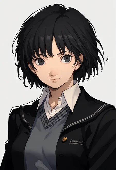 score_9, score_8_up, score_7_up, source_anime, 1girl, solo, smile
<lora:zs_P3ReloadPortraitsXL:1> p3reloadportraits, portrait, white background
<lora:ainanasaki-pdxl-nvwls-v1:1> amagamiai, black hair, short hair, black eyes, black blazer, black sailor collar, collared shirt, grey sweater vest, black sleeves, medium breasts
