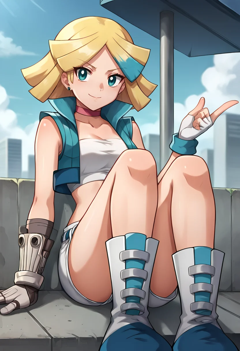 score_9, score_8_up, score_7_up, source_anime, masterpiece, 1girl, ct_blu, medium hair, blonde hair, streaked hair, pink choker, blue vest, white bandeau, single fingerless glove, single metal glove, white short shorts, belt, looking at viewer, outdoors, depth of field, city, day, smile, closed mouth, sitting, knee boots, convenient leg, shiny skin, <lora:BlueEyes_Pony_ct:1>