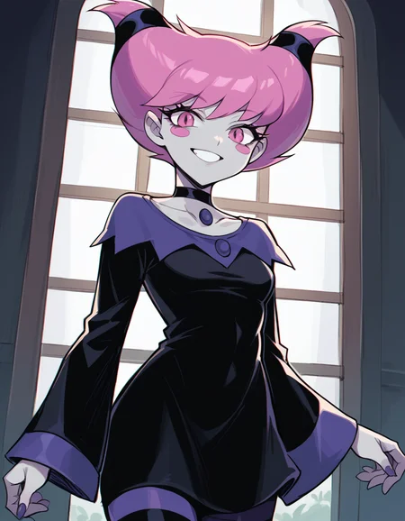 score_9, score_8_up, score_7_up, source_anime, <lora:jinx-dc-ponyxl-lora-nochekaiser_r1:1>, jinx, jinx (dc), colored skin, grey skin, hair horns, pink eyes, pink hair,, choker, long sleeves, pantyhose, striped clothes, striped pantyhose, black dress, wide sleeves, collarbone,, indoors, smile, looking at viewer, solo,, cowboy shot, dutch angle