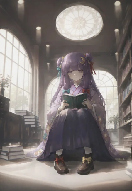 volumetric lighting, ambient occlusion, luminescent background, masterpiece, very awa,library,indoors, a girl sitting and holding a book, beam of light, light through window
BREAK
patchouli knowledge, 1girl, solo, purple eyes, purple hair, long hair, sidelocks,, patchouli knowledge \(great library at the hieda residence\), alternate costume, no headwear, hair bun, double bun, hair ornament, blue bow, yellow bow, red bow, aqua bow, crescent hair ornament, purple kimono, floral print, long sleeves, wide sleeves, yellow obiage, purple obi, hakama skirt, footwear bow, brown boots, holding book,