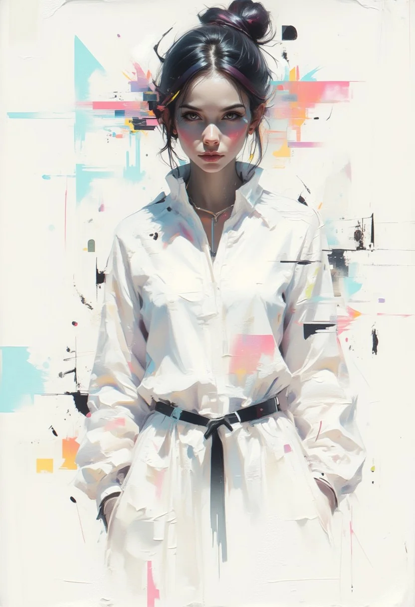 aidmaimageupgrader, female character in the center, minimalist composition, geometric patterns, glitchcore aesthetic, white space, worn textures, soft gradients, subtle digital distortion, muted neon accents, ethereal lighting, fragmented glitch effects, abstract shapes, delicate futuristic fashion, glowing holographic details, broken symmetry, faded digital artifacts, serene atmosphere, subdued color palette, glitching outlines, soft focus background, minimal futuristic setting, degraded glitch effects, dreamlike ambiance, quiet elegance,pscho_4rt