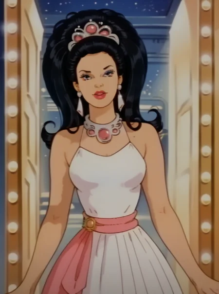score_9, score_8_up, score_8, hud_barbir0ck, retro artstyle, <lora:barbirock-000009:1>, 1girl, solo, long black hair, dress, tiara, blue eyes, jewelry, earrings, makeup, lipstick