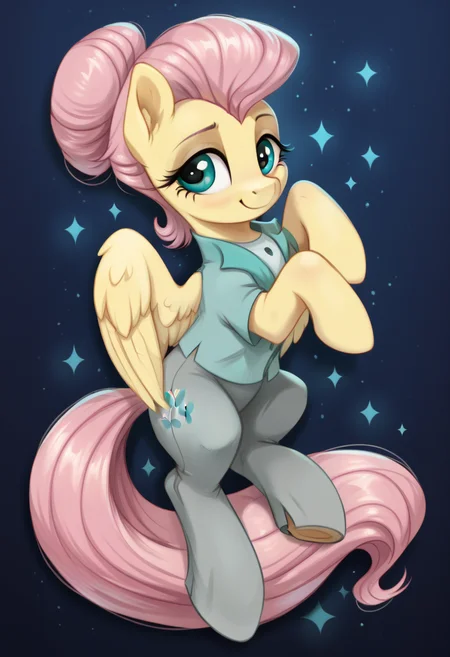 score_9,score_8_up,score_7_up,score_6_up,score_5_up,score_4_up,my little pony,((feral pony)),1girl,((solo)),(sexy),beautifully detailed,(detailed cute pony face),((detailed blue starry background:1.5)),((woman)),high angle,(cute smile:1),((up-close)) 1girl,((solo)),(sexy),full body,<lora:SevereShy:1>,Fluttershy,turquoise blouse,gray hoof-length trousers,hair and ponytail tied up in a high bun,
<lora:OtherStyle_01:1>,<lora:Wholesome_MLP-v1.0:1>,